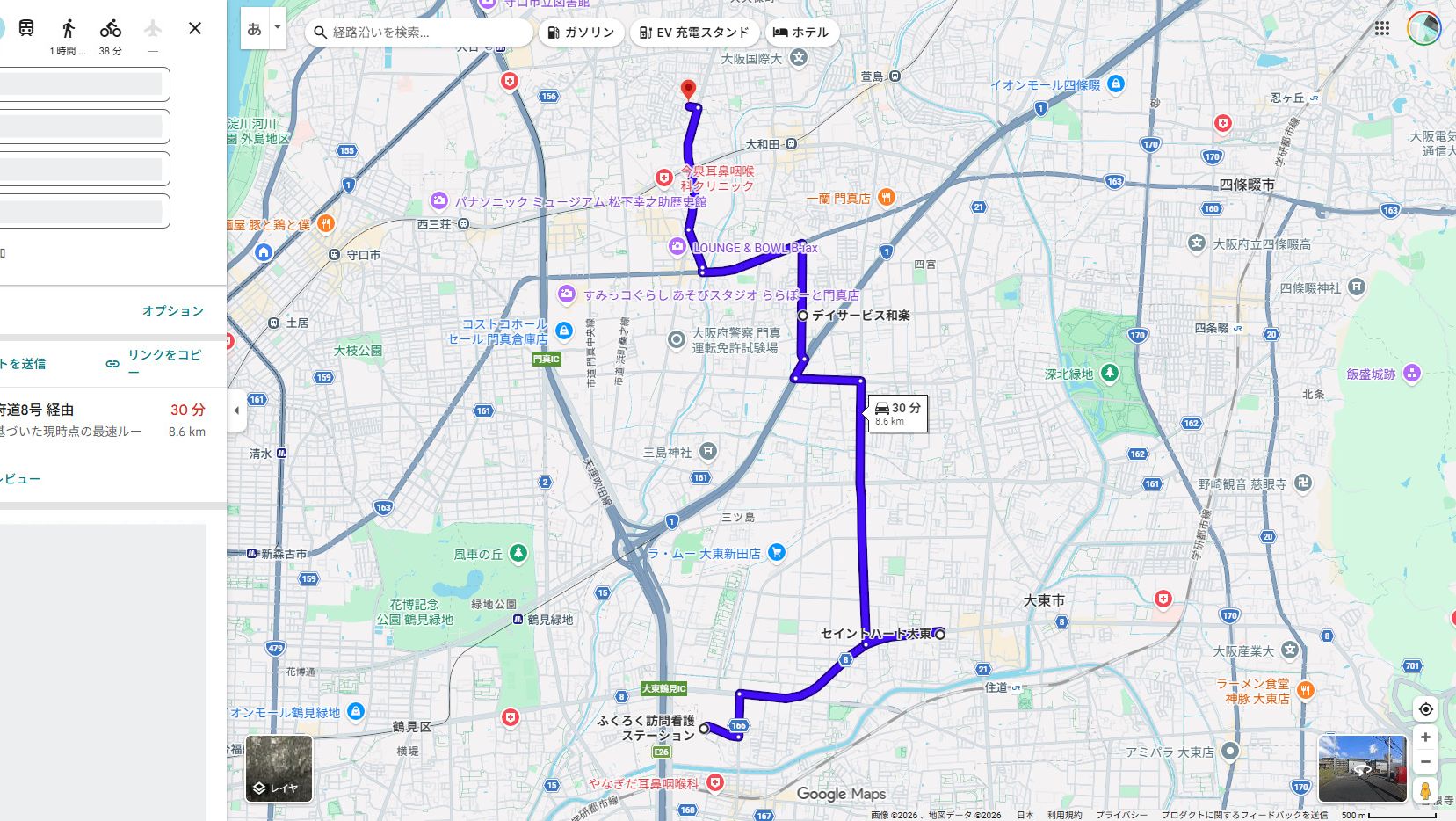 Googleマップ上で出発地・経由地・目的地が自動セットされた最適ルートが表示されている