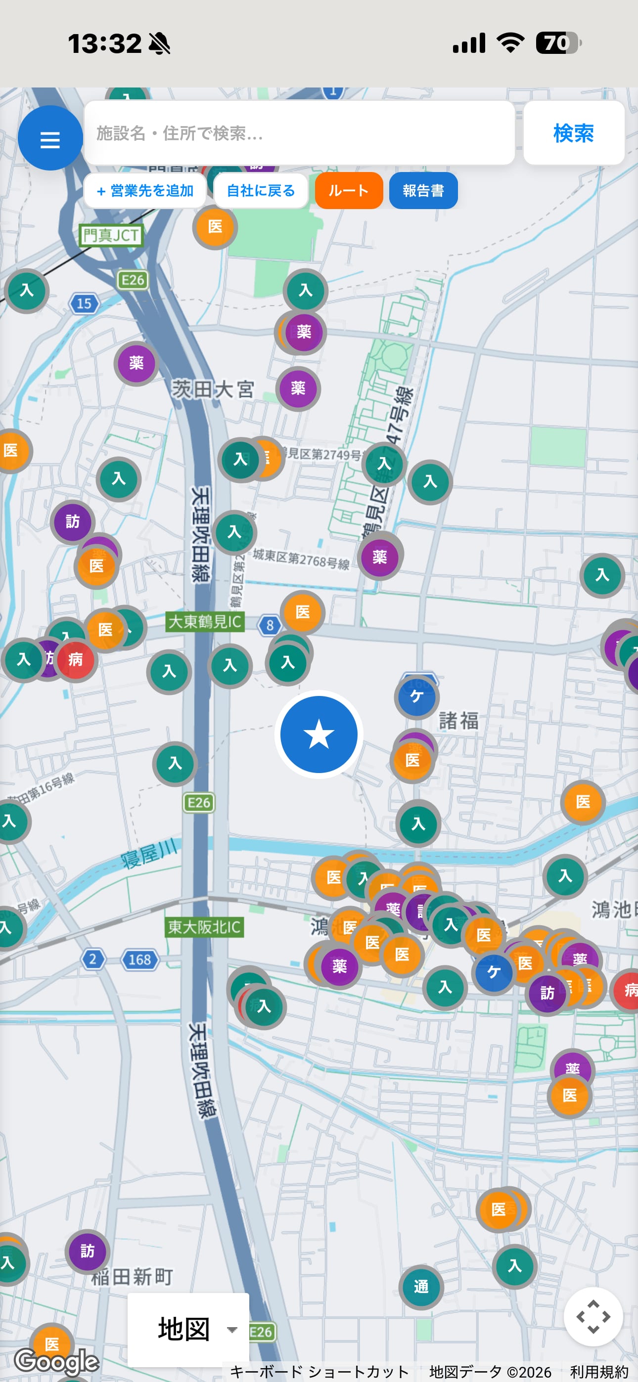スマートフォンで表示した営業マップの画面